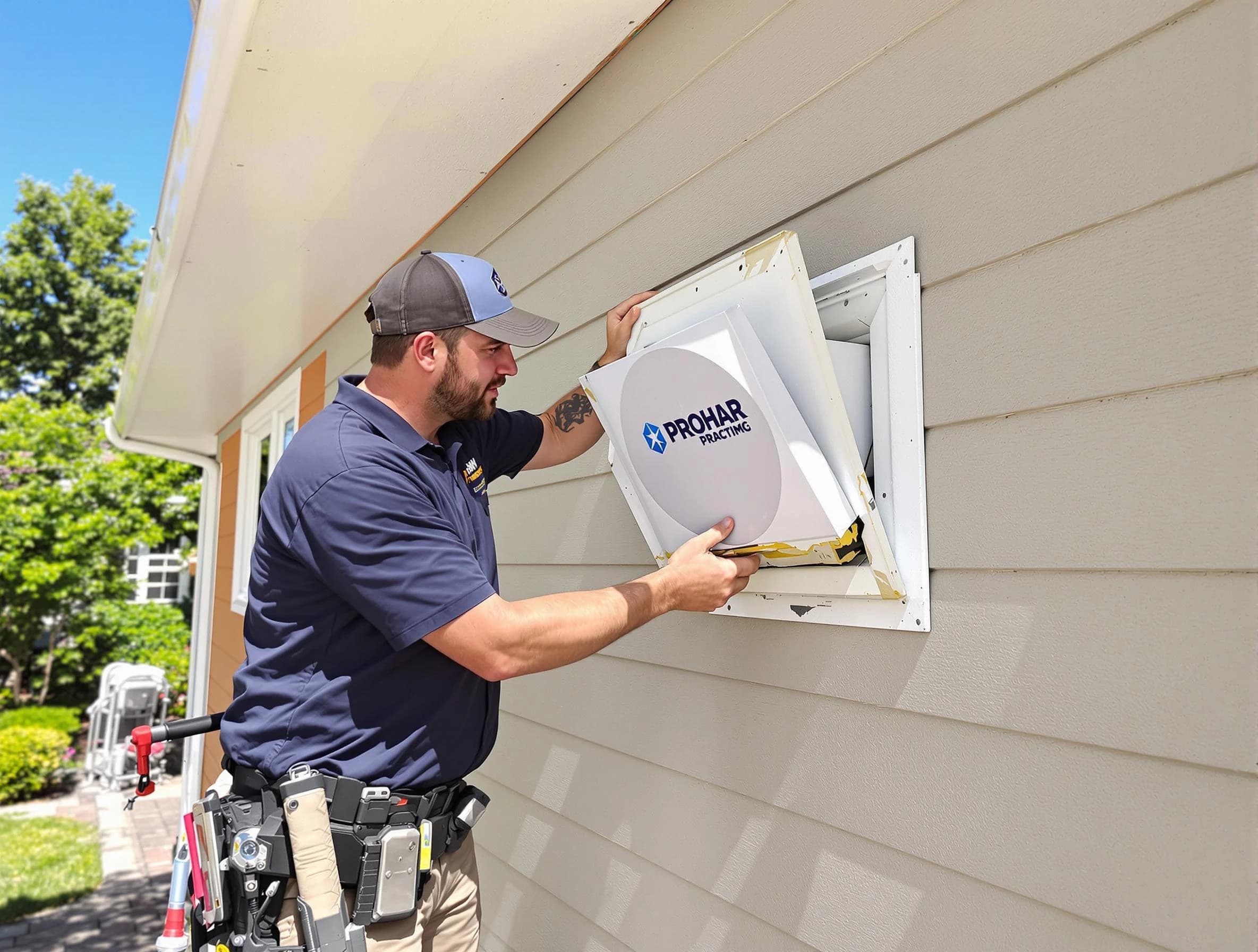 North Druid Hills Dryer Vent Cleaning technician installing a new protective dryer vent cover on a home in North Druid Hills