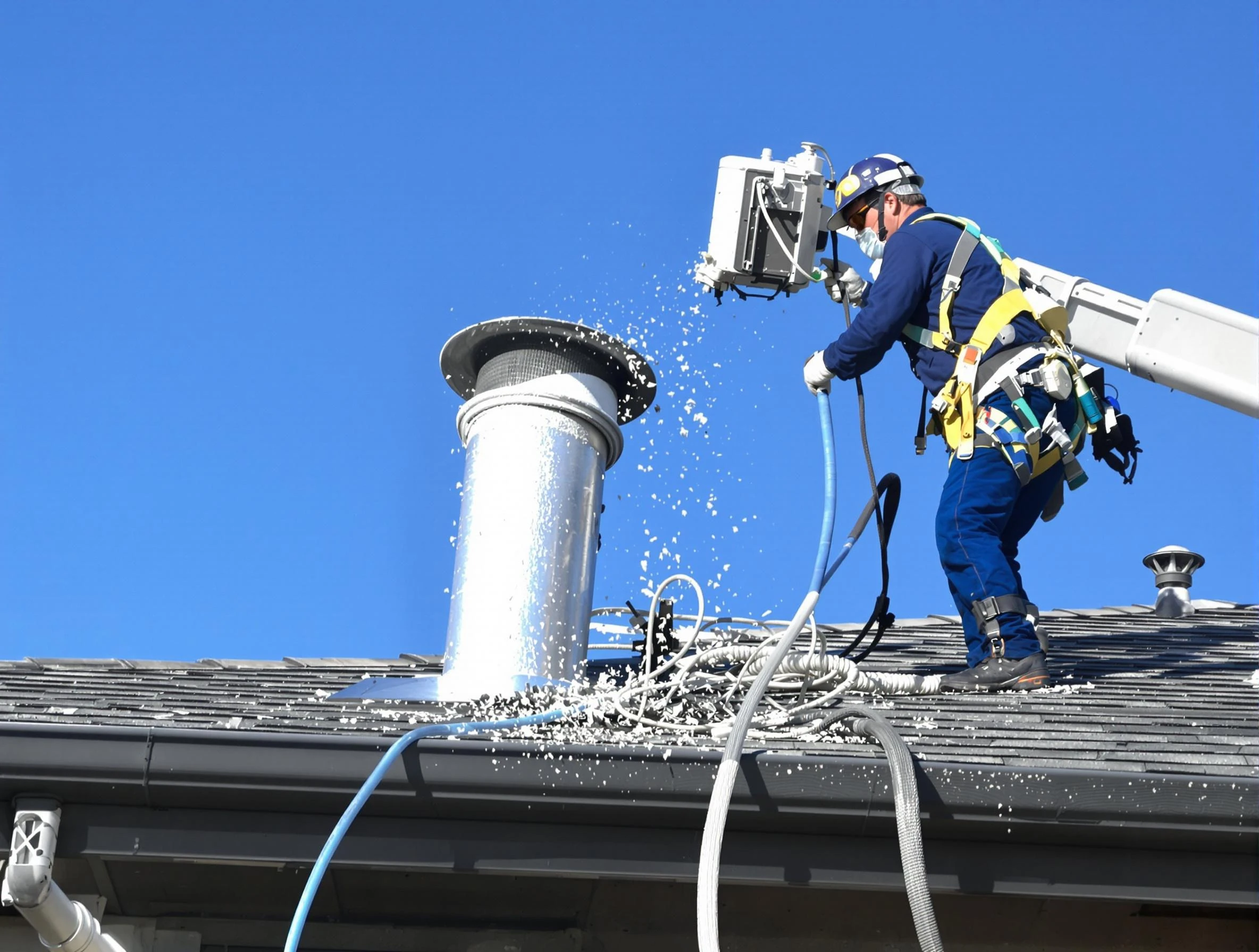 North Druid Hills Dryer Vent Cleaning certified technician safely cleaning a roof-mounted dryer vent in North Druid Hills